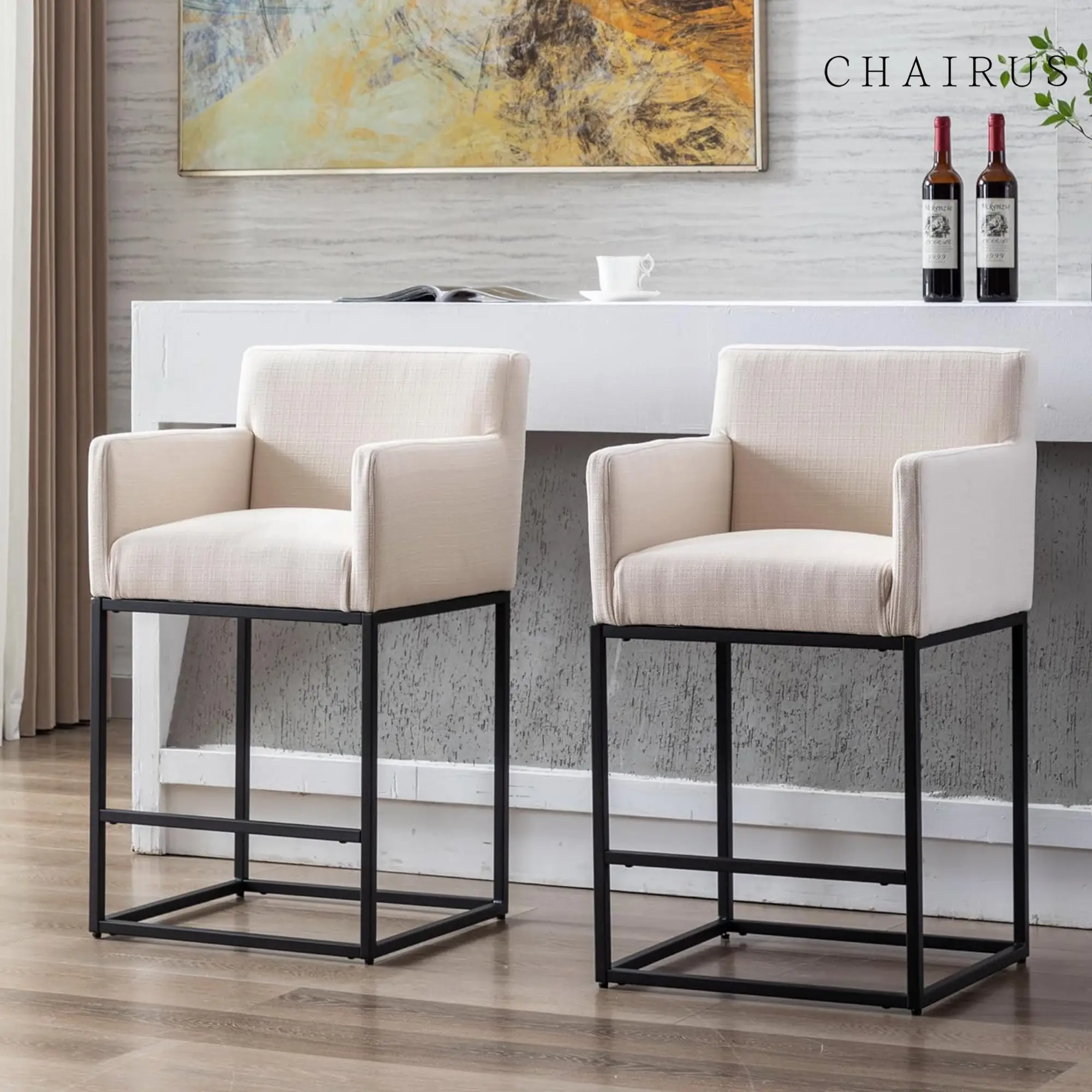 CHAIRUS Bar Stools Set of 2, 26'' H Counter Height Bar Stools,Modern Counter Stools with Backrest and Arms, Black Metal Frames, Linen Fabric Upholster