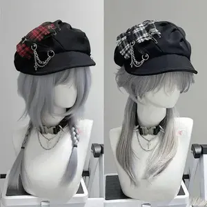 Subculture Punk Cross Unisex Dark Plaid Beret Flexible Cloud-Shaped Soft Brim Y2K Hat