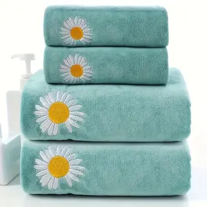 4pcs Daisy Embroidery Microfiber Towel, Bath Towel Luxury Set. Includes 2 Hand Towels And 2 Bath Towels, Ultra-Soft And Absorbent, 400 Gsm, 89% Polyester, 11% Nylon, Fabric, Quick-Drying Bathroom, Sauna, Textile Series, Hand Towel