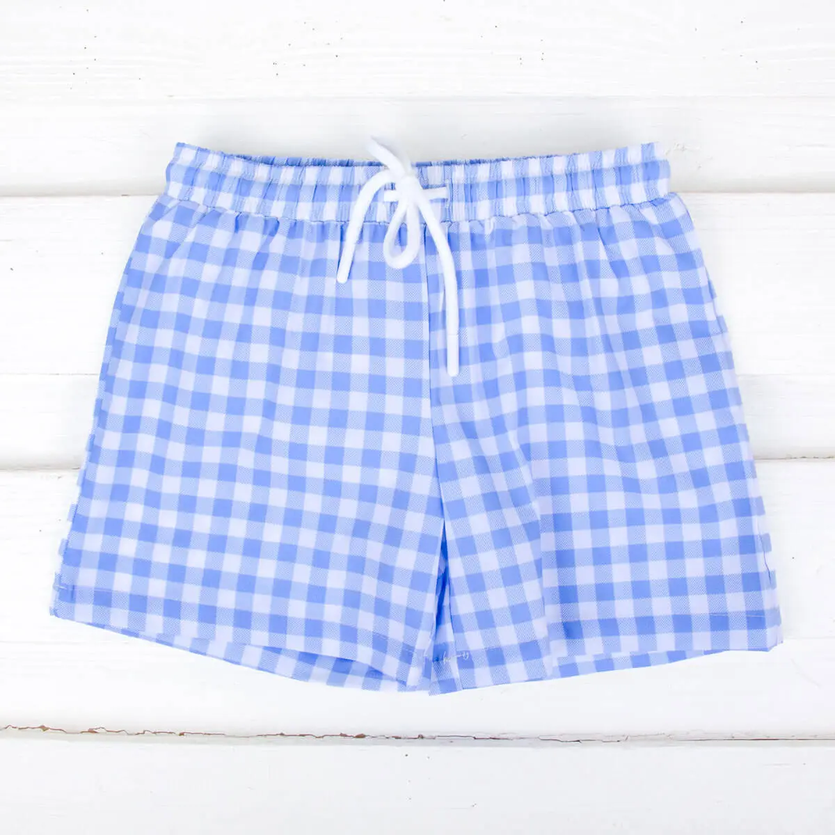 Classic Whimsy Boy's Capri Blue Gingham Swim Trunks, Youth Shorts with Shorter Fit and UPF 50 Protection for Beach Days, Swimsuit With Shorts, Youth Swim Trunks