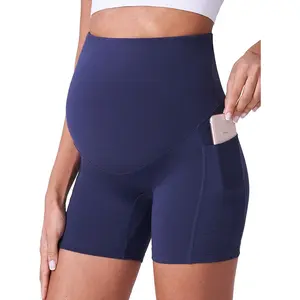 Women's 5" Over-Belly Maternity Biker Shorts - Quick-Dry Polyester Blend Leggings with Side Pockets, Maternity Clothing for Summer Workout, Yoga