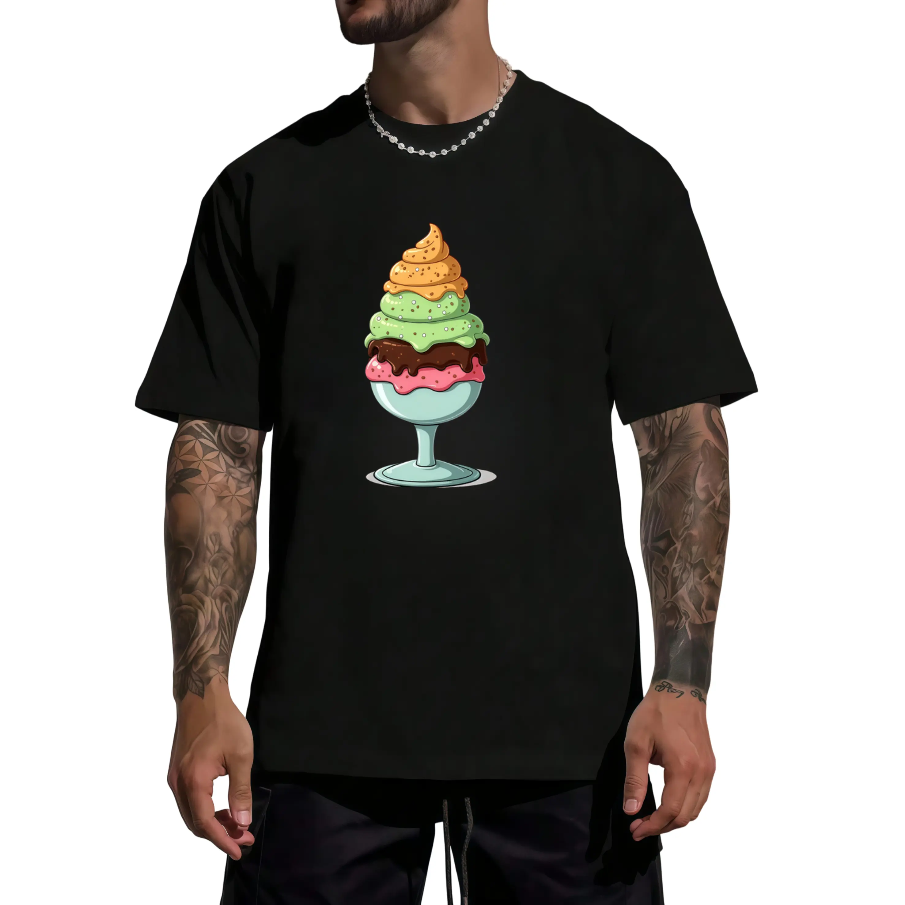 Men's 100% Cotton Retro Ice Cream Sundae T-Shirt - Breathable Soft Lightweight Short Sleeve Round Neck Top with Colorful Ice Cream Cone & Scoop Design, Casual Casual Attire Suitable for Seasons, Gift for Him