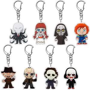 8Pcs Horror Classic Movie Characters Halloween Acrylic Keyring Accessories for Keys Wallets Backpack Scary Movies Figure Pendant Hanging Key Chain Decorations with Rotatable Link for Gift