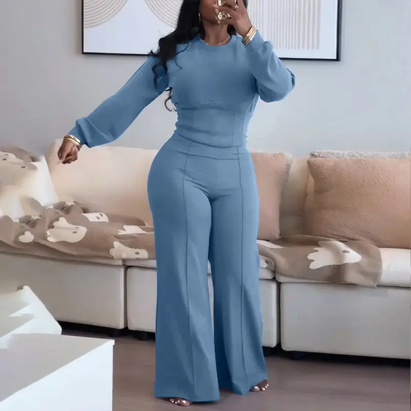 CHICME Women's 2 Pieces Outfit O-neck Long Sleeve Cinched Waist Sweatshirt and Elastic Waist Wide Leg Pants Set Casual Seam Design Sweatpants Set