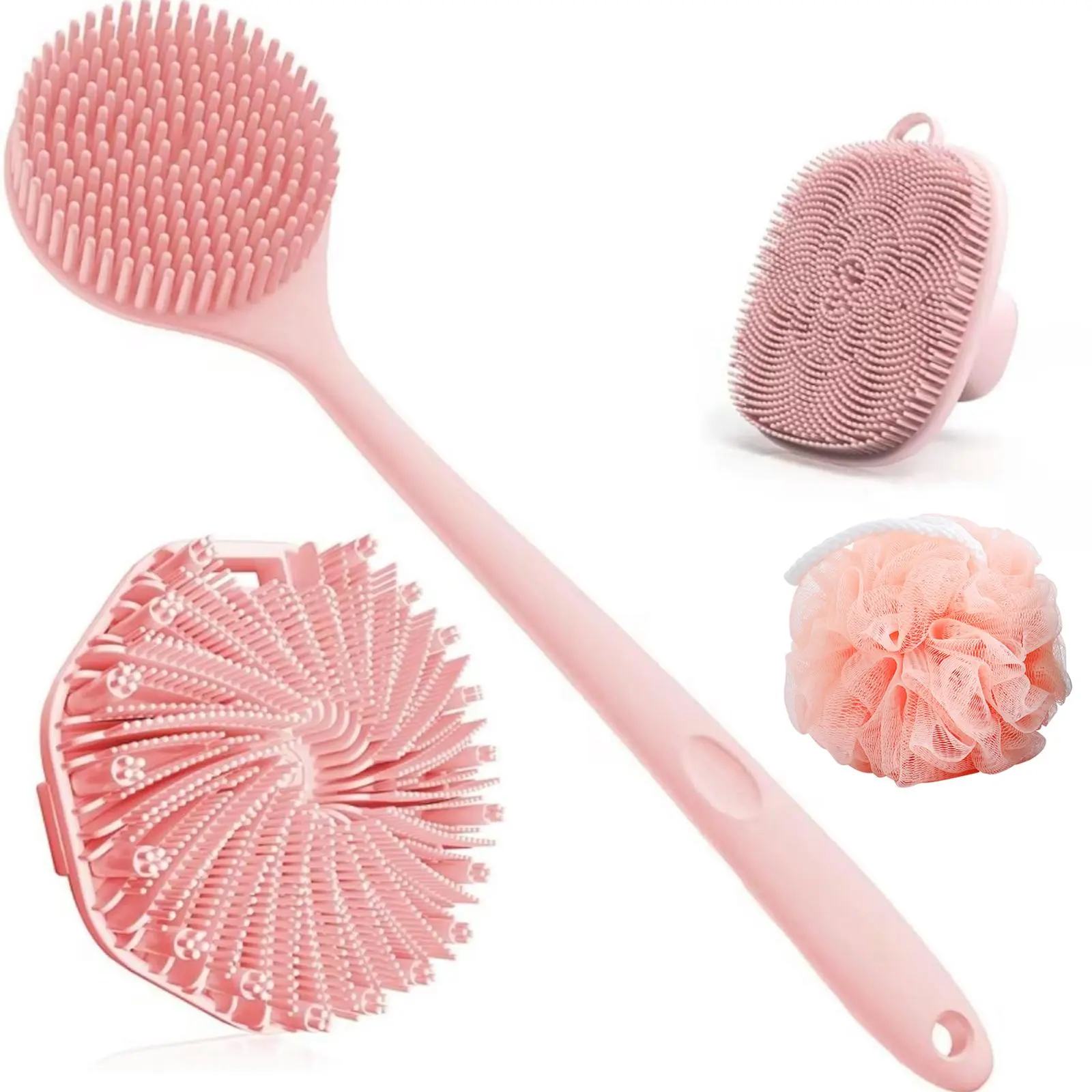 4pcs Silicone Body Scrubber Bathroom Accessory Sets - Brush Set with Dual-Sided Long Handle Body Back Scrubber, Facial Cleansing Brush, Soft Bristle Exfoliating Shower Tool & Bath Ball, Non-Slip Grip for Deep Clean & Massage, Exfoliating Shower Scrubber
