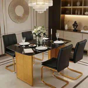 Modern Dining Chairs Set of 4, PU Faux Leather Kitchen Chairs with Thickened Cushion, Waterproof & Easy Clean, Accent Side Chair with Gold Metal Legs for Dining Room,Kitchen,300lbs Capacity, Black+Gold