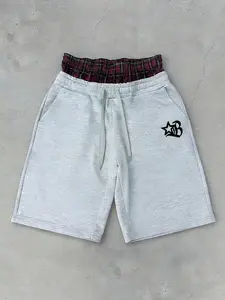 Double Waistband Plaid Detail Elastic Waist Shorts | Oversized Y2K Streetwear Sweatshorts for Men & Women | Star Graphic Print | Comfy Casual Fit for Teens & Gen Z | Perfect for Daily Wear & Urban Outfits