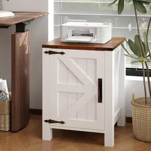 Farmhouse Nightstands Set of 2 with Charging Station, 18" Bedside Tables with Barn Door & USB Ports, White & Brown Side Table with Adjustable Shelf for Bedroom & Living Room