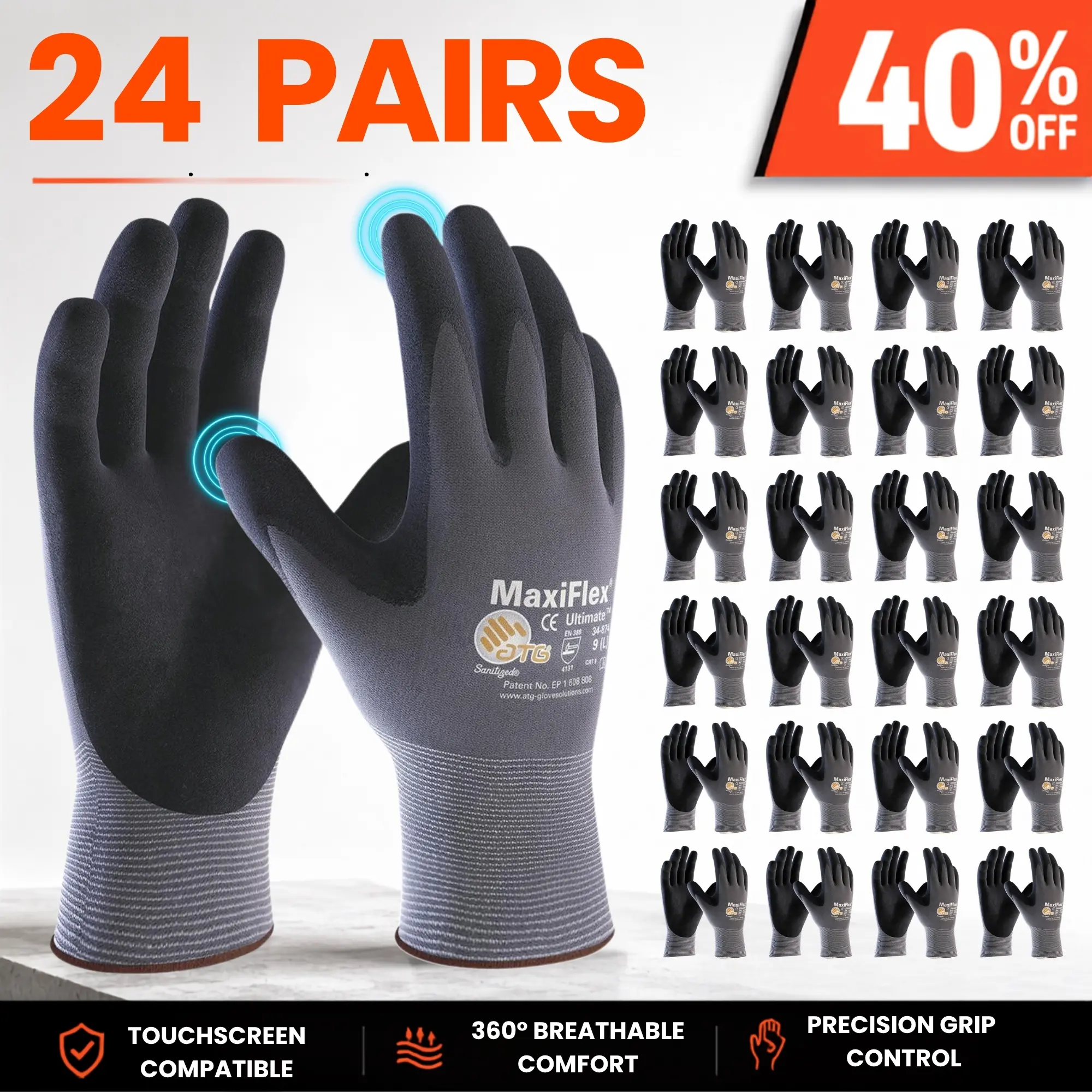 6 - 12 - 24 Pairs MaxiFlex Glove Nitrile Micro-Foam Grip Palm & Fingers for Excellent Grip and Dexterity - Ideal for Work, DIY and General Hand Protection