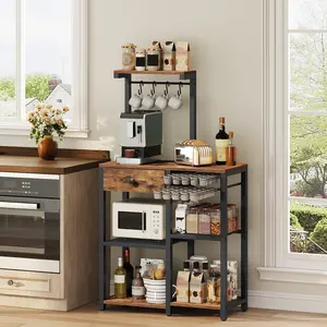 YATINEY Bakers Rack with Storage, 5-Tier Coffee Bar Station with Drawer, Kitchen Coffee Stand with Pod Drawer Holder, for Living Room, Home Cafe, Kitchen, Rustic Brown