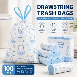 100 Pcs Cute Rabbit Print Drawstring Trash Bags, Thickened Small Garbage Bags for Bathroom, Bedroom, Office & Powder Room Bins, Easy Tie Wastebasket Liners, 45 x 50 cm Disposable Trashbags Cleaning