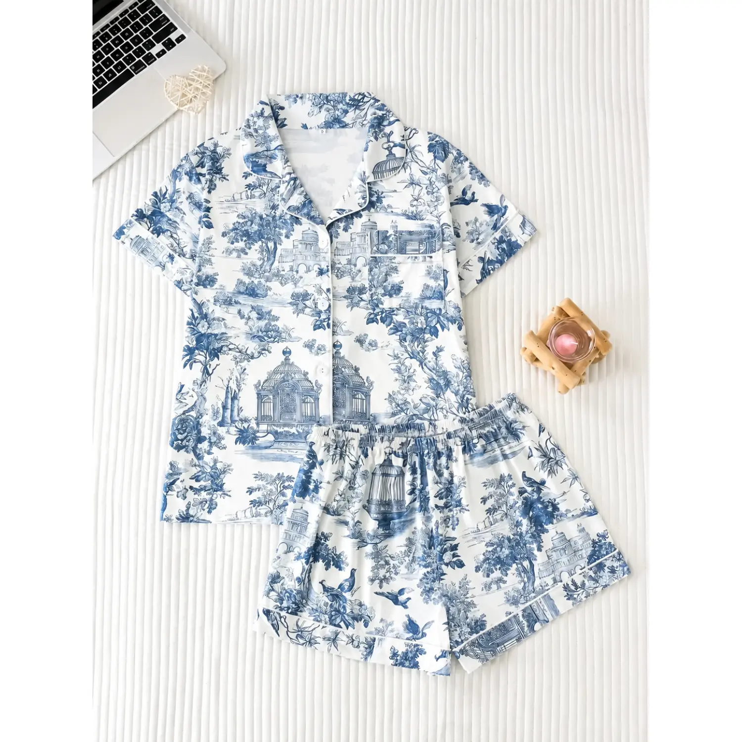 Women's Two-Piece Silk Pajama Set with French Landscape Print, Smooth and Comfortable Loose Fit, Casual Button-Up Loungewear and Shorts Nightwear, Matching Set