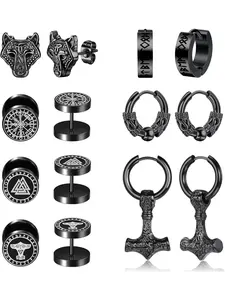 7 Pairs Black Punk Norse Viking Earrings Set for Men Women Stainless Steel Black Stud Earrings Fake Gauges Plug Vintage Huggie Mens Hoop Earrings Celtic Divination Thors Hammer Wolf Earrings