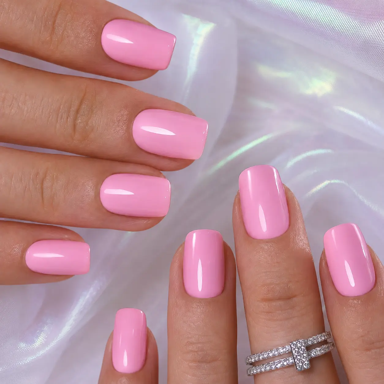 Glossy Bubblegum Pink Press On Nails 24 pcs Short Square, Solid Candy Pink Fake Nails for Everyday Wear, Office, Date Night, Birthday Party & Summer Vacation