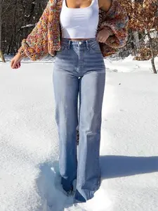 Women's Elastic Washed Casual Light Blue Wide-Leg Jeans, Loose-Fitting All-Season Denim Jeans for Daily Wear & Dates