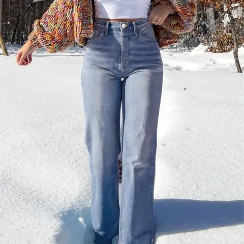 Women's Elastic Washed Casual Light Blue Wide-Leg Jeans, Loose-Fitting All-Season Denim Clothing Jeans for Daily Wear & Dates Pants Bottoms Womenswear