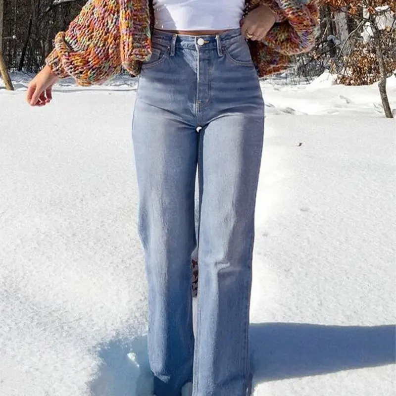Women's Elastic Washed Casual Light Blue Wide-Leg Jeans, Loose-Fitting All-Season Denim Clothing Jeans for Daily Wear & Dates Pants Bottoms Womenswear