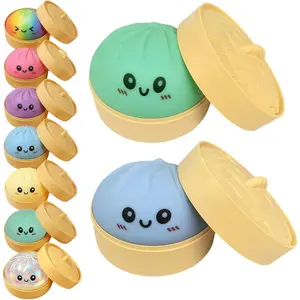 2PCS Dumpling Squishies with Steamer Box, Colorful Bao Bun Stress Relief Fidget Toy, Soft Stretchy Sensory Desk Squeeze Toys Party Favor Gift,Blue and Green