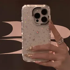 Luxurious rhinestone fashionable phone case with sparkling diamond border and star transparent anti drop protective cover, suitable for iPhone 17 Pro Max, 17 AI, 16, 15, 14, 13 Pro Max Smartphone - Christmas gift, New Year surprise