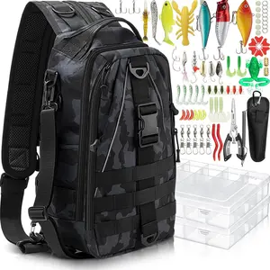 85 Pcs Fishing Backpack with Tackle Boxes, Tackle Sling Bag with Rod Holder, Fish Lures Kit and Pliers Set, Easter Fishing Gift Basket for Men Women