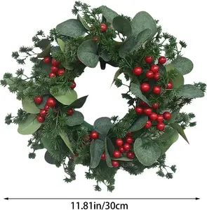 12" Christmas Wreath for Front Door Artificial Wreath with Berry Clusters and Holly Leaves for Christmas Thanksgiving Winter Holiday Decoration