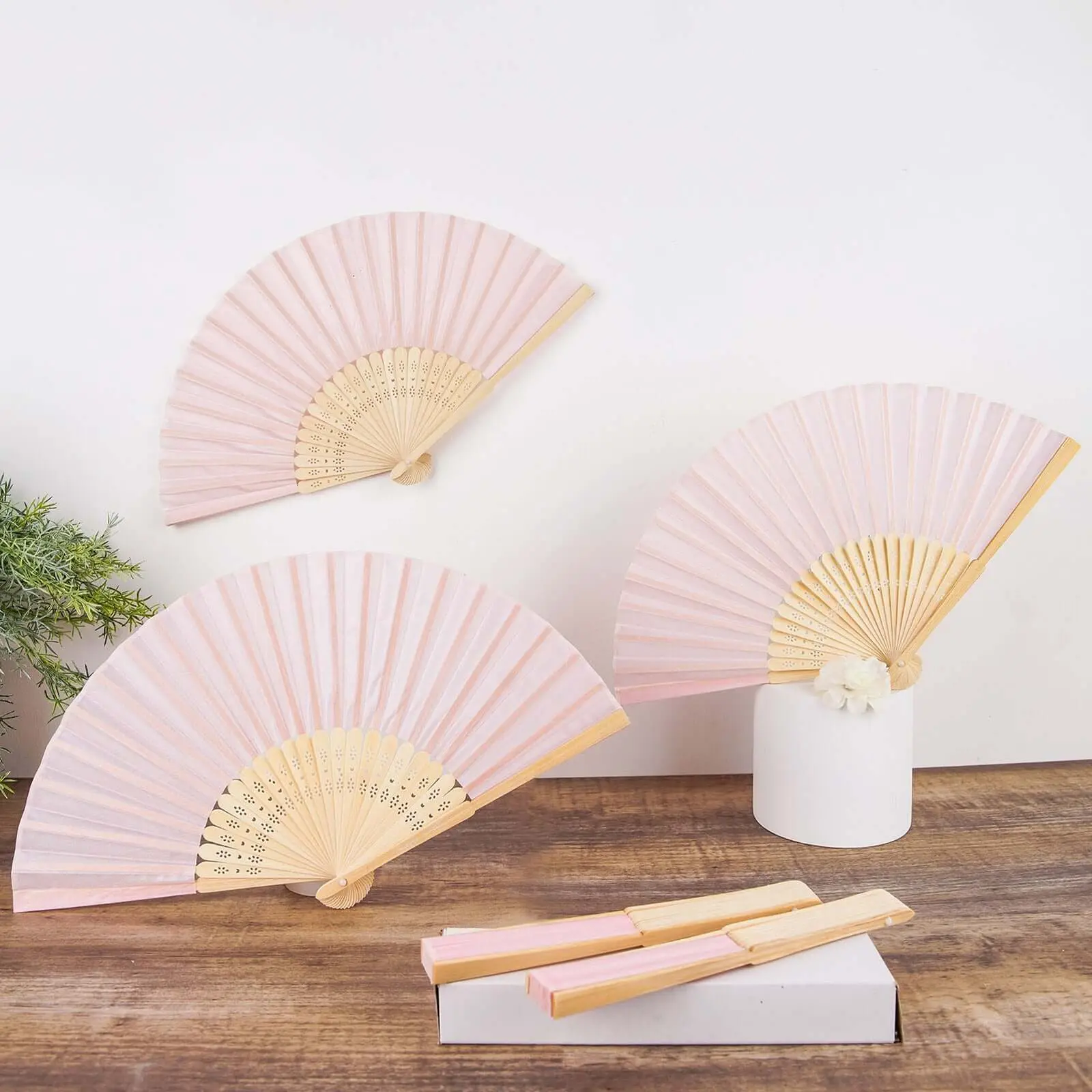 Silky 5-Pack Blush Pink Chinese Silk Folding Hand Fans - Modern Solid Home Decor Wall Art, Gifts/Souvenir Party Favors
