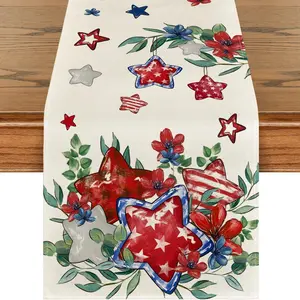 1 PC, Red Eucalyptus Flowers Stars Patriotic 4th Of July Table Runner, Memorial Day Kitchen Dining Table Decoration For Home Party Decor