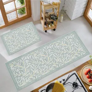 Kitchen Carpet Set, 2pcs Blue Leaf Floral Pattern, Soft Non-Slip Area Rugs, Multifunctional for Kitchen Dining Room Living Room Bedroom Bathroom Laundry Room