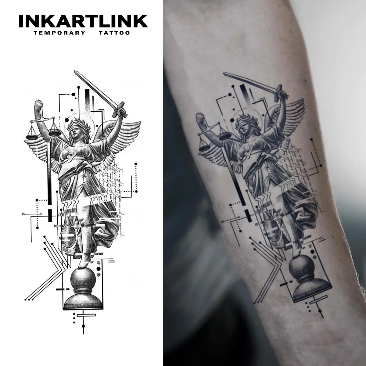 INKARTLINK Tattoo Tech Temporary Tattoos - 2 Sheets Scales of Justice Design, Waterproof, Realistic, No Adhesive/Reflection, 1-2 Weeks Long-Lasting, for Adults, Ideal for Swimming, Parties
