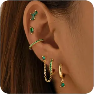 5 Pairs Sterling Silver Post Stud Hoop Earrings Set Dainty 14k Gold Plated Earrings for Women S925 Green CZ Cartilage Stud Huggie Earring for Multiple Piercing Small Earring Stacks