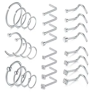 OIDEA 18G 316L Stainless Steel Nose Piercing Jewelry Set - 28PCS Cubic Zirconia Rhinestone L-Shape Hook Nose Ring Hoop Studs