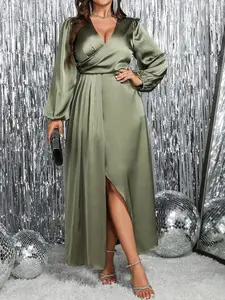 Women's Plus Size Solid Satin Elegant Luxury Party Birthday Banquet Dress, V-Neck Cross-Front Pleated Hem High Slit Lantern Sleeve Dress, For Thanksgiving Women Outfit Fall Cloth For Women