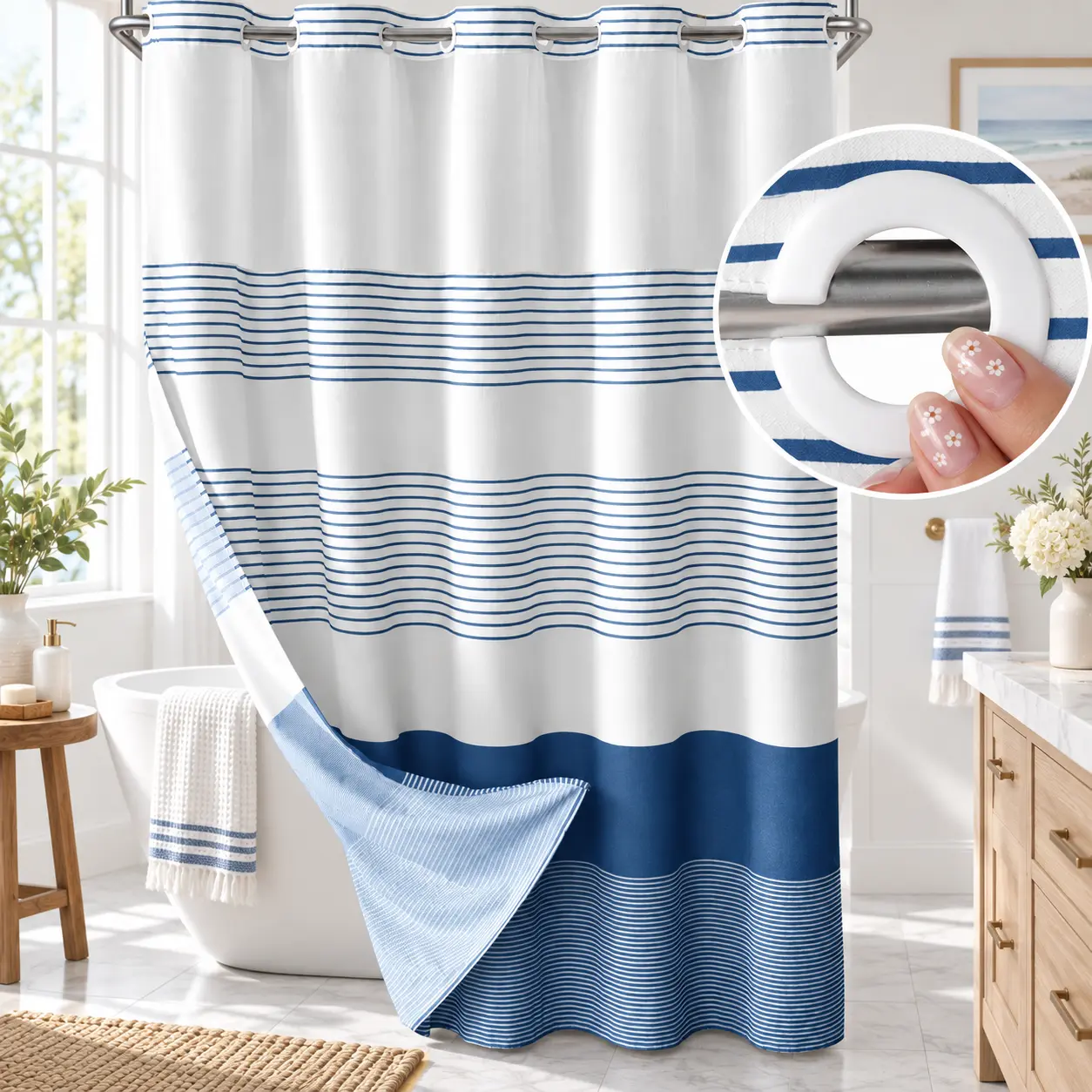 Striped Geometric Double-Layer No Hook Shower Curtain, Mesh Top Window, Hook-Free Design, Easy Installation, Farmhouse, Hotel, Modern Home Decoration, 72x75in