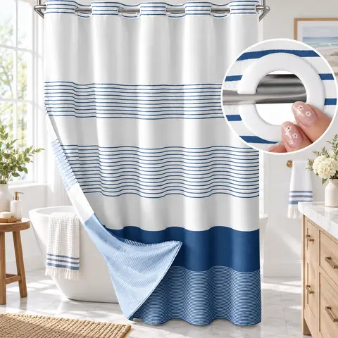 Striped Geometric Double-Layer No Hook Shower Curtain, Mesh Top Window, Hook-Free Design, Easy Installation, Farmhouse, Hotel, Modern Home Decoration, 72x75in
