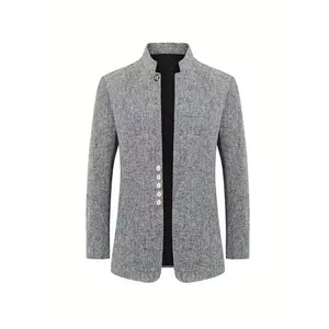 Men'S Casual Stand Collar Blazer - Navy Blue, Single-Breasted, Long Sleeve, Stylish Fall & Spring Jacket with Pockets, Polyester Lining, Casual Attire|Stylish Stand Collar|Polyester Lined Jacket