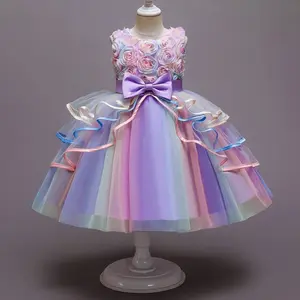 Rainbow Unicorn Girls Princess Dress 4 to 10 Years Flower Elegant Birthday Kid's Dresses Halloween Carnival Party Costume Pageant Formal Prom Tutu Gown