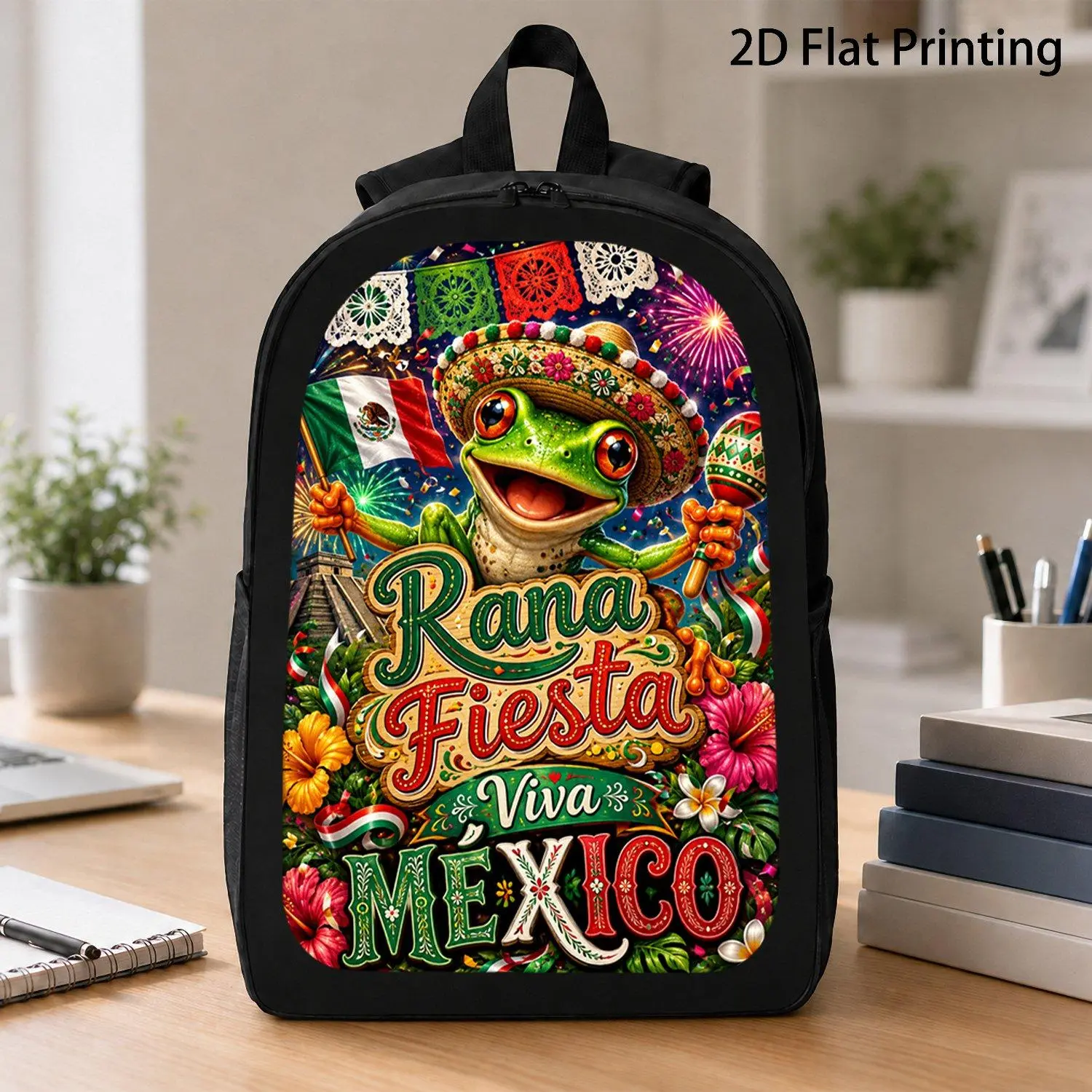 17 Inch Travel Backpack Vibrant Rana Fiesta Viva Mexico Frog Sombrero Maracas Mexican Flag September 16 Graphic Design School Bag for All Ages Lightweight Durable