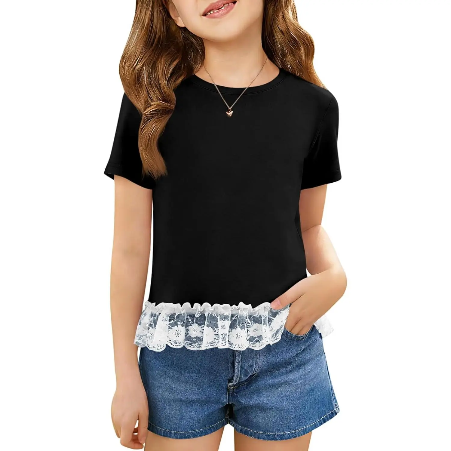 Girls Short Sleeve T Shirts Kids Cute Lace Hem Crewneck Summer Tops Tees 5-14 Years Comfy Fashion