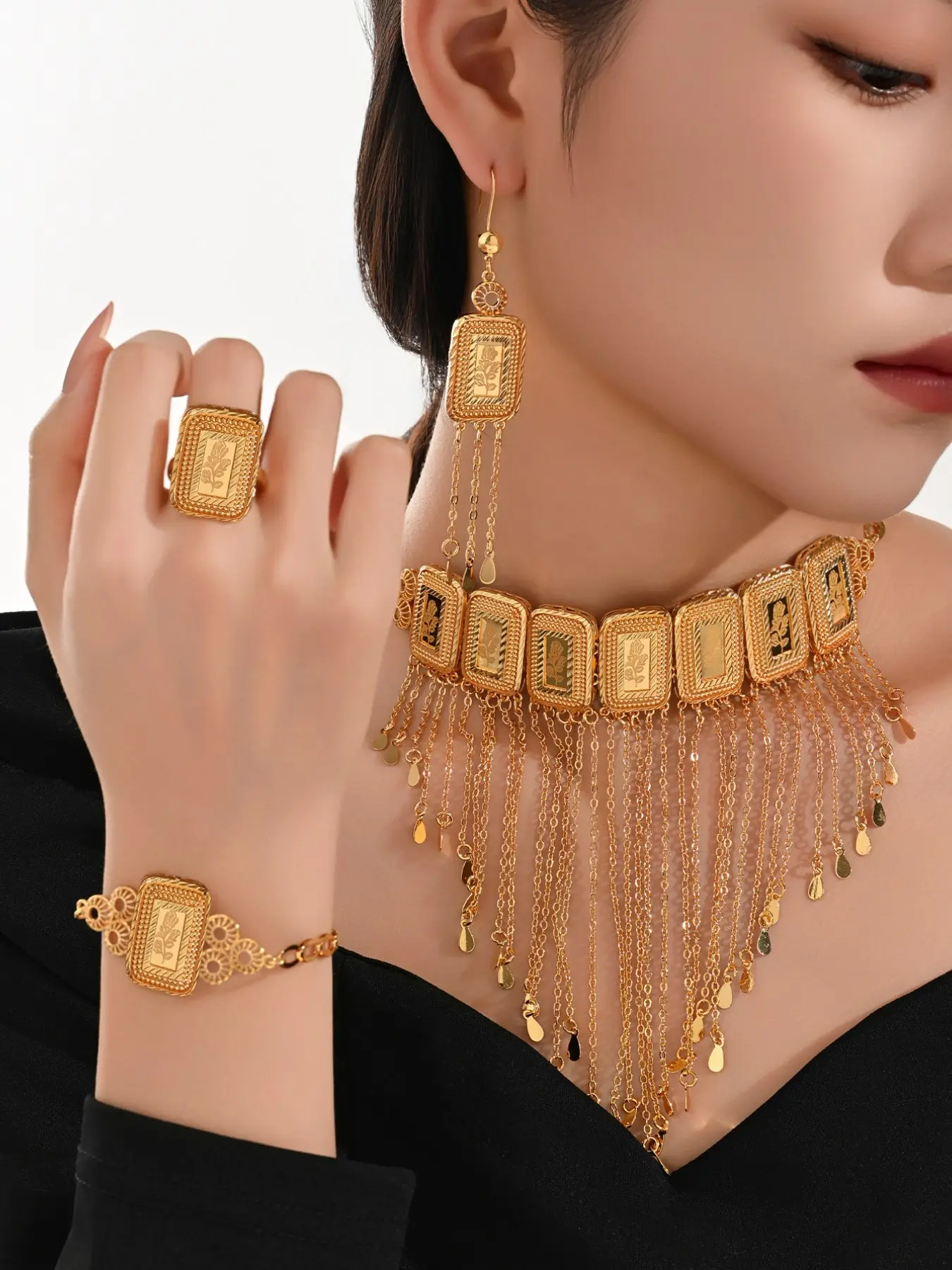 Elegant Rose Design Fashion Jewelry Set, Bride Jewelry Set For Wedding Day, 5-Piece Wedding Necklace Bracelet Earrings Ring, Copper Plated 24k Gold Raindrop Pendant, Bridal Sets