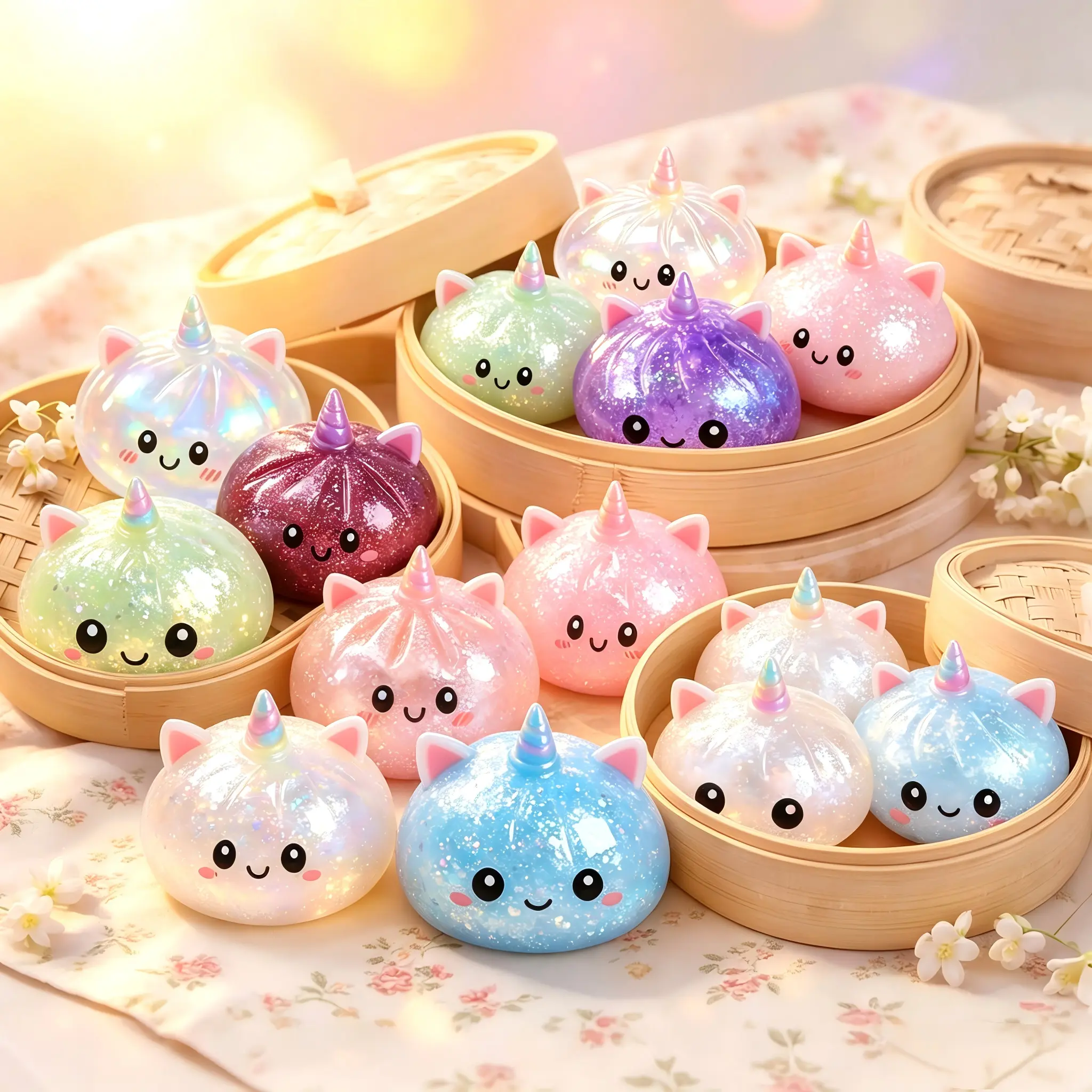 Exclusive Special Unicorn  Edition  Bun Squishy Toy, Glitter Sparkle Unicorn Dumpling Squeeze Toy with Yellow Steamer Box, Slow Rising Stress Relief Fidget Squishy for Kids Adults, Cute Collectible Blind Box Sensory Toy, Ideal Birthday Holiday Party Gift
