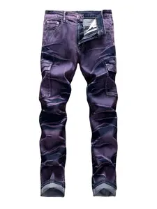 Men’s European & American fashion tie-dye straight jeans with a distressed finish in purple Vintage Casual