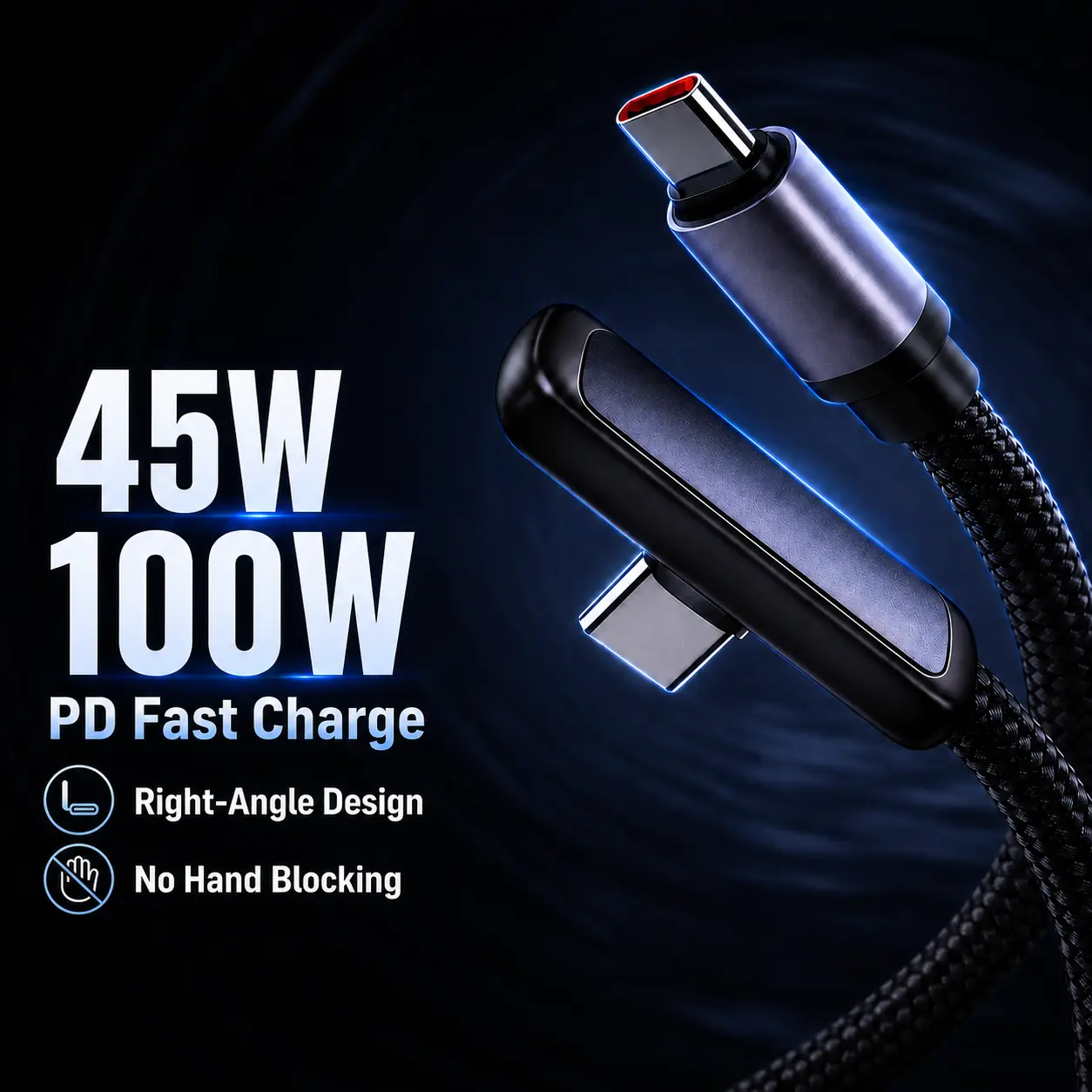 100W Right Angle Charging Cable for iPhone 15/16/17 Pro Max, Smartphone, Cellphone, Android Devices, 45W Fast Charging, Nylon Braided Durable Cord, 90-Degree Design for Gaming/Bedside Use, 3.3ft/6.6ft Lengths, 1/2 Pack