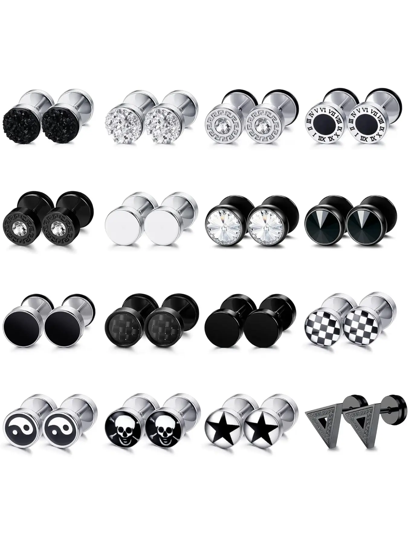 Hypoallergenic Black Steel Men Earrings - 9/16pairs Earrings for Men,Stainless Steel Mens Earring Studs for Sensitive Ear,Round Cz Mens Stud Gothic Earring Accessories,Jewellery
