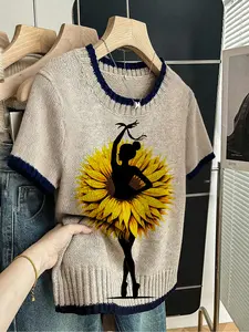 Sunflower Floral Print Crew Neck Sweater, Short Sleeve Knitted Top Fitted for Spring Summer Fall, Comfortable Women's Fashion with Color Block Design