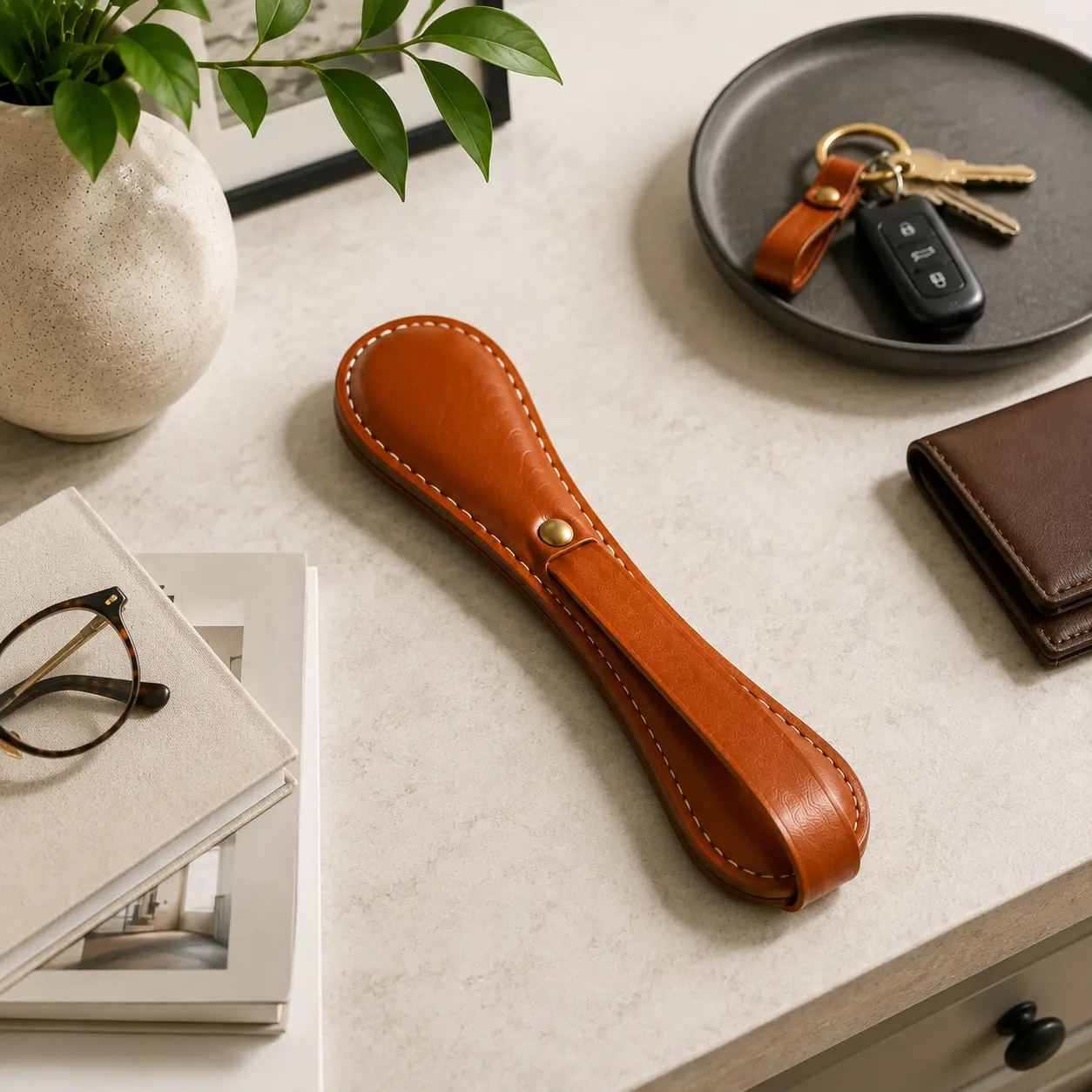 Handmade Genuine Cowhide Leather Accessory, Hand-Stitched Design with Smooth Handle for Daily Carry, Home & Office Display