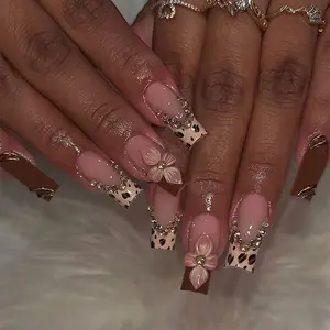 24pcs Medium Square Leopard Print Press-On Nails, 3D Gel Petal Design, Elegant Rhinestone Decorated, Sweet European Style, Easy Wear Acrylic Nail Set for Women and Girls