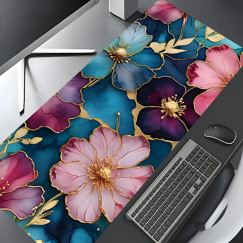 Boho Blue Purple Gilded Foil Floral Design Large Gaming Mouse Pad, Desktop Protection Pad, Computer Desk Accessories, Desktop Accessory, Washable Rubber Non-Slip Lock Edge Multi-Size Mouse Pad For Home Office, Good Gift for Family and Friends