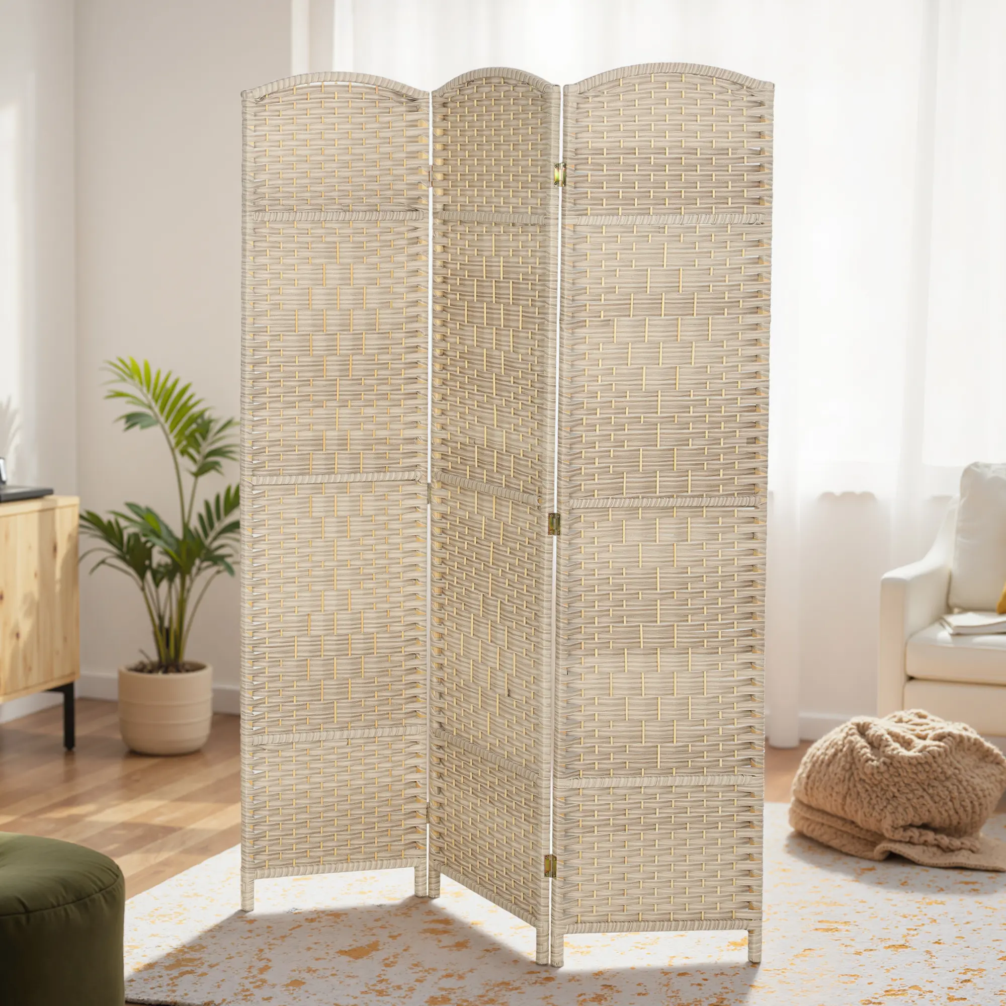 Washed Oak Folding Room Divider Screen - 3-Panel, 6' Tall Freestanding Wood Privacy Partition for Home Office, Bedroom, Sunscreen Shading