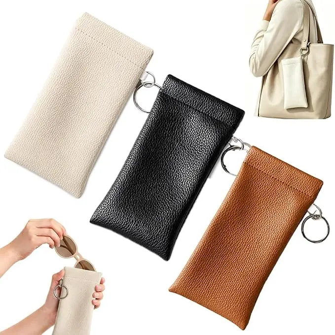 Soft PU Leather Sunglasses Pouch Elastic Opening Eyeglasses Bag, Portable Anti-Scratch Glasses Storage Case With Built-in Cleaning Cloth And Keychain, Minimalist Lightweight Protective Sleeve For Daily Travel Outdoor Women Men Accessories