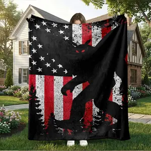 Mothman Red Eyes Silhouette American Flag Stars and Stripes Forest Pine Tree Vintage Design Flannel Blanket for Sofa/Bedroom/Office/Travel/Nap, Cryptid Urban Legend Decorative Throw, Christmas Gift,